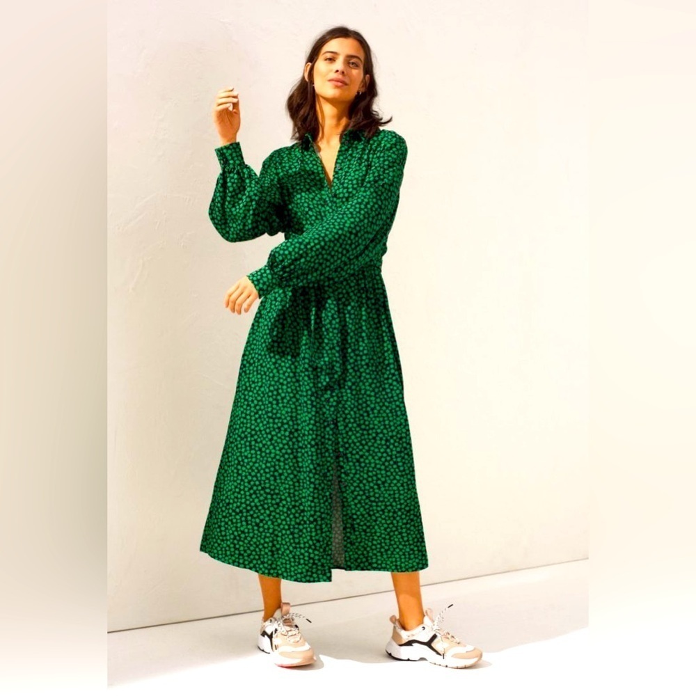 H&M - Clover Green Print Button Down Long Sleeve Maxi Short Dress Size XXS